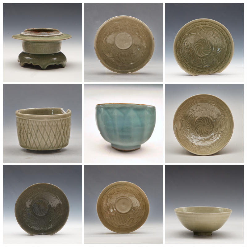 Photo combinée des porcelaines découvertes sur le site archéologique de l'ancien port de Shuomen à Wenzhou