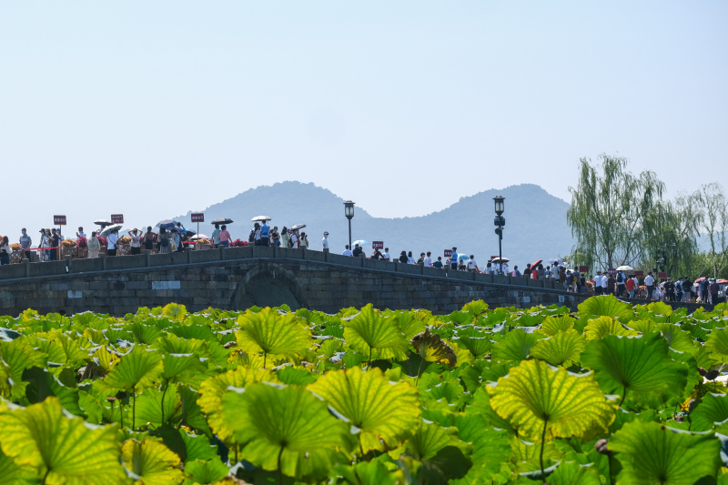 Des touristes visitent la zone touristique du lac de l'Ouest pendant les congés de la fête nationale