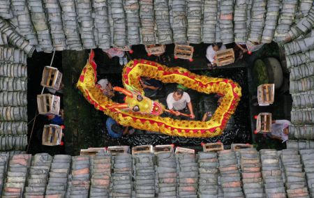 (miniature) Des villageois présentent un spectacle de danse du dragon et de lanternes à l'occasion de la fête des Bateaux-Dragons