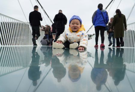 (miniature) Un petit enfant sur le pont à fond de verre Grand Canyon de Zhangjiajie