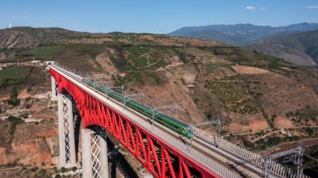 (miniature) Photo aérienne d'un train à grande vitesse Fuxing circulant sur le pont de Yuanjiang