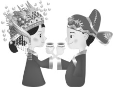 A Chinese couple in traditional wedding dress toasting with crossed cups