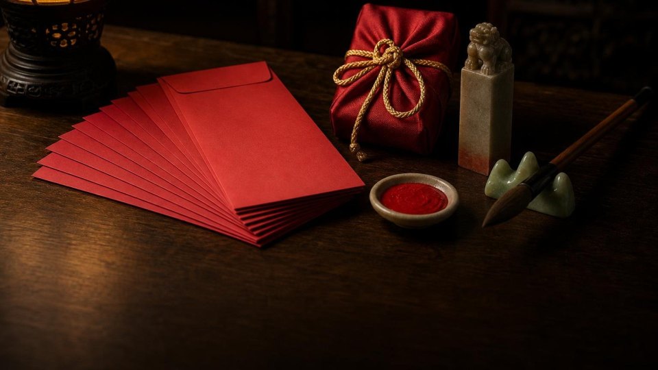 A fan of blank red envelopes, a red silk parcel tied with a gold cord, a stone seal topped with a small lion, a calligraphy brush on a jade rest and a dish of vermilion paste, on a dark lacquered table.