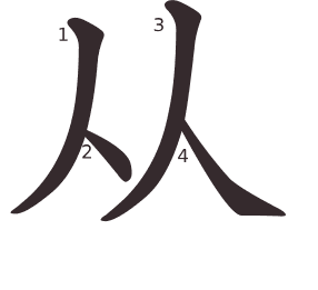 Le caractère 从 tracé avec le numéro de chaque trait à son point de départ