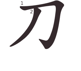 Le caractère 刀 tracé avec le numéro de chaque trait à son point de départ