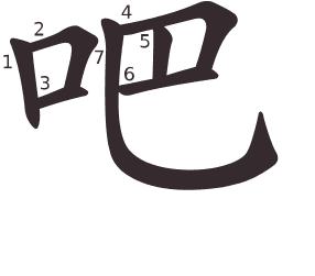 Le caractère 吧 tracé avec le numéro de chaque trait à son point de départ