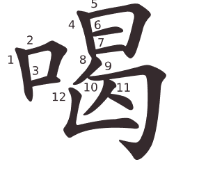 Le caractère 喝 tracé avec le numéro de chaque trait à son point de départ