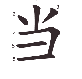Le caractère 当 tracé avec le numéro de chaque trait à son point de départ