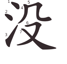 Le caractère 没 tracé avec le numéro de chaque trait à son point de départ