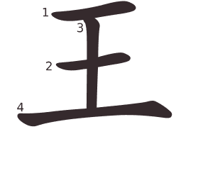 Le caractère 王 tracé avec le numéro de chaque trait à son point de départ