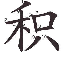 Le caractère 积 tracé avec le numéro de chaque trait à son point de départ