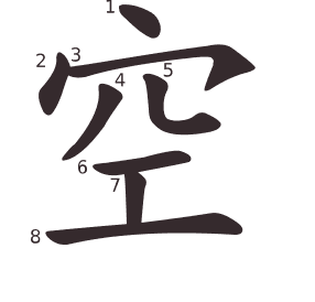 Le caractère 空 tracé avec le numéro de chaque trait à son point de départ