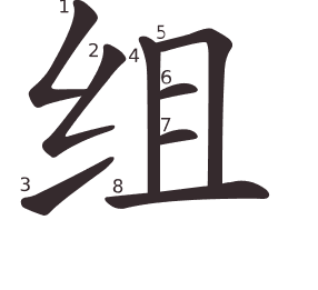 Le caractère 组 tracé avec le numéro de chaque trait à son point de départ