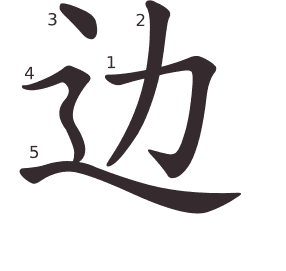 Le caractère 边 tracé avec le numéro de chaque trait à son point de départ