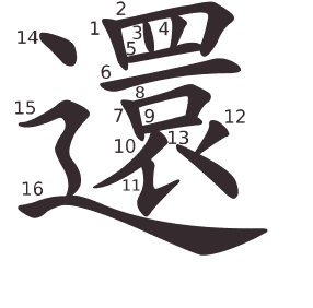 Le caractère 還 tracé avec le numéro de chaque trait à son point de départ