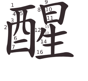 Le caractère 醒 tracé avec le numéro de chaque trait à son point de départ