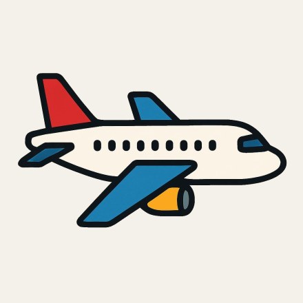 A cream airliner seen at an angle, with blue wings, a red tail fin and an ochre engine.
