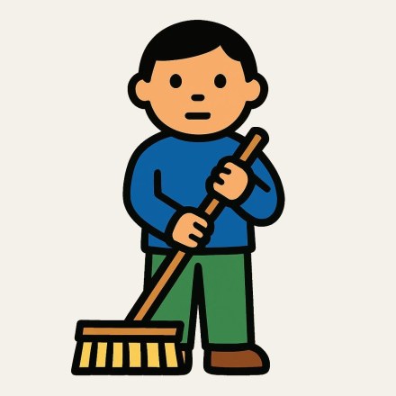 A person seen from the front, in a blue top and green trousers, holding a broom with a brown handle and yellow bristles in both hands.