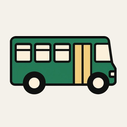 A green bus seen from the side, with cream windows, a yellow door and two black wheels.