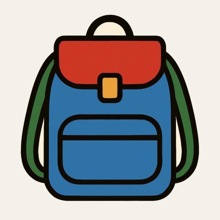 A blue backpack with a red flap, an ochre buckle, green straps and a cream handle.