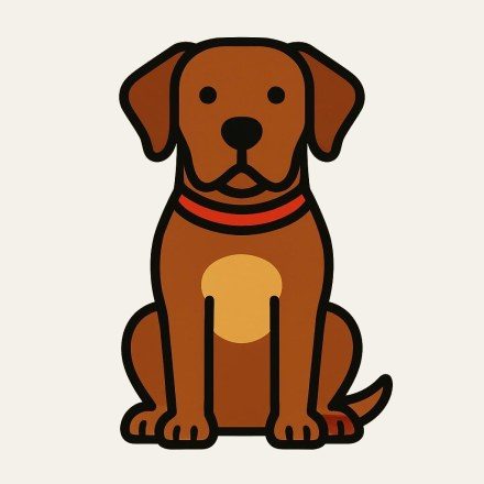A brown dog sitting, seen from the front, wearing a red collar.