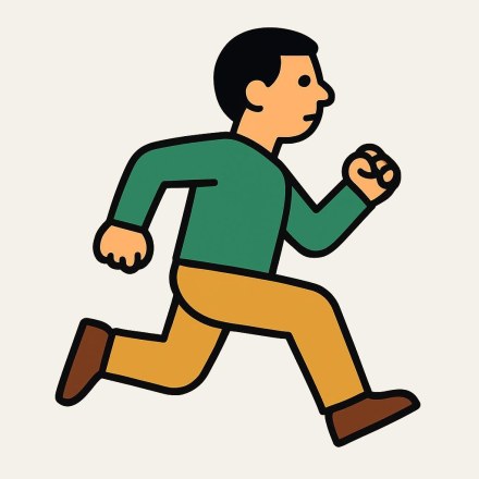 A man in a green top and ochre trousers running, seen from the side, one leg raised behind him.