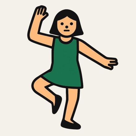 A woman in a green dress dancing, one arm raised and one leg bent.