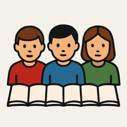 Three pupils sitting side by side, an open exercise book in front of each.