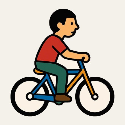 A person in a red T-shirt and green trousers, seen from the side, riding a blue and ochre bicycle with both hands on the handlebars.