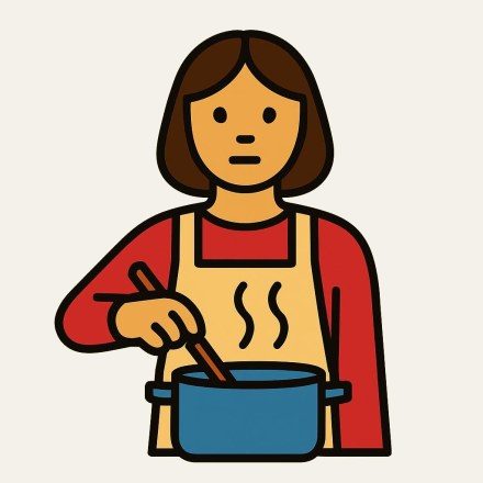 A woman in an apron stirring a blue pan with steam rising from it.