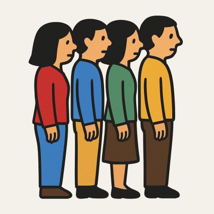 Four adults standing one behind another, all in profile facing the same way, in red, blue, green and yellow tops.