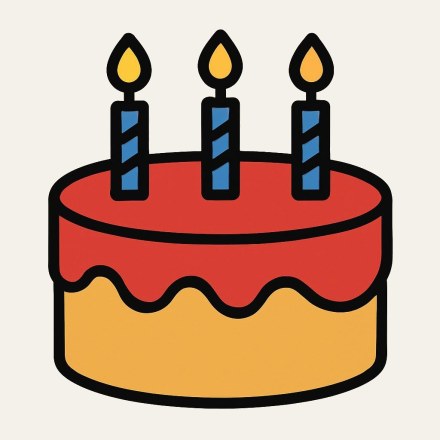 A round cake with an ochre base and red icing, topped with three blue-striped candles, all lit.