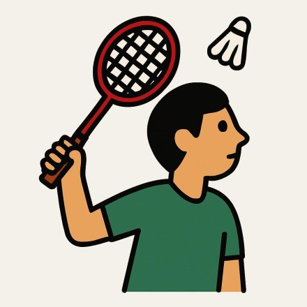 A young man in a green T-shirt, seen from the side, raising a red badminton racket above his head, with a white shuttlecock in the air to his right.