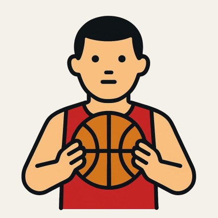 A man in a red sleeveless jersey holding an orange basketball with both hands.