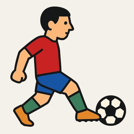 A man in a red shirt and blue shorts kicking a black and white football.