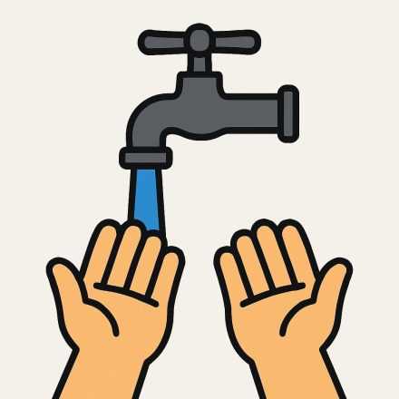 Two open hands, palms up, under the blue stream of water from a grey tap.