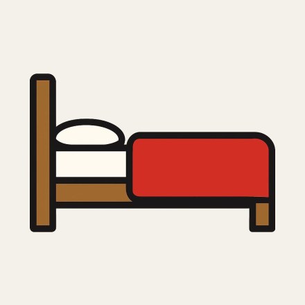 A bed seen from the side, with an ochre frame, a cream pillow and a red blanket.