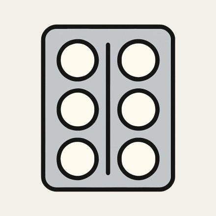 A grey blister pack of six round white tablets.