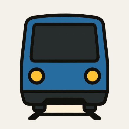 The front of a blue underground train, with a dark windscreen and two yellow headlights.