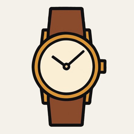 A wristwatch with a brown strap, an ochre bezel and a cream dial with two hands and no numerals.