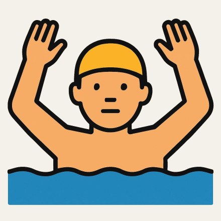 A man in a yellow swimming cap, arms raised, his upper body above a band of blue water.