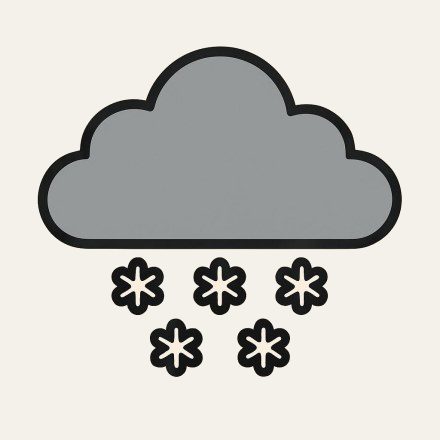 A grey cloud with snowflakes falling from it.