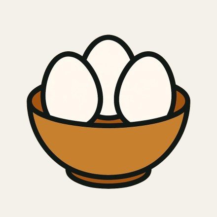 Three white eggs in an ochre bowl.