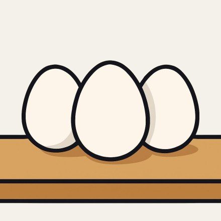 Three white eggs on a wooden table, seen from the front.