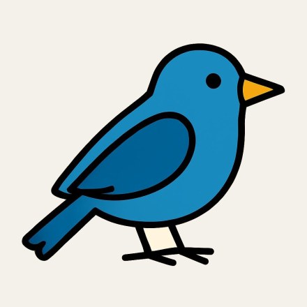 A blue bird seen from the side, with an ochre beak, a black eye and cream legs.