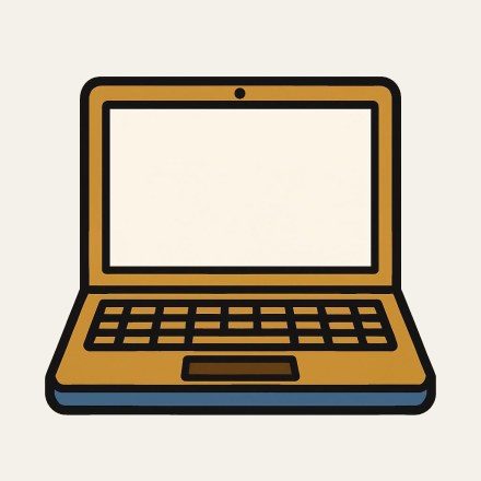 An ochre laptop, open, with a blank screen.