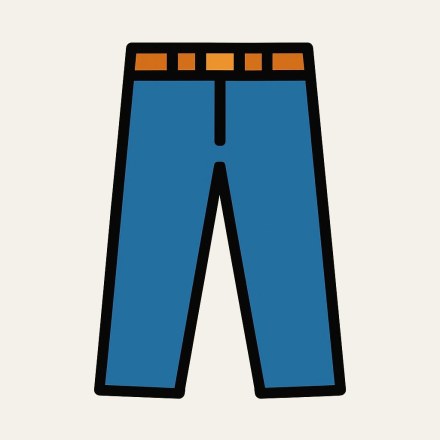 A pair of blue trousers seen from the front, with an ochre belt.