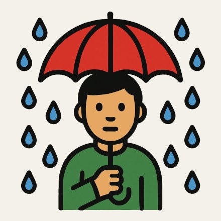 A person seen from the front in a green top, holding an open red umbrella overhead, with blue raindrops falling all around.