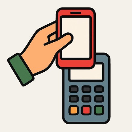 A hand in a green sleeve holding a red phone with a blank screen above a grey-blue card payment terminal with a keypad.