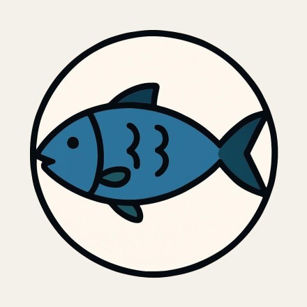 A whole blue fish on a round cream plate, seen from above.